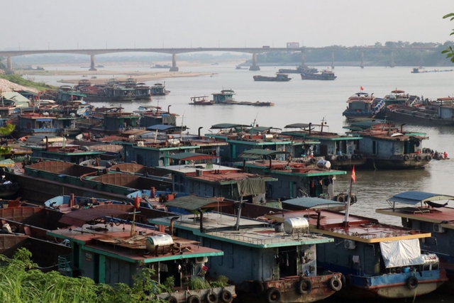 Tàu thuyền neo đậu dày đặc trên sông Đà, mạn giáp bờ đê hữu Hồng, thuộc địa phận xã Phong Vân