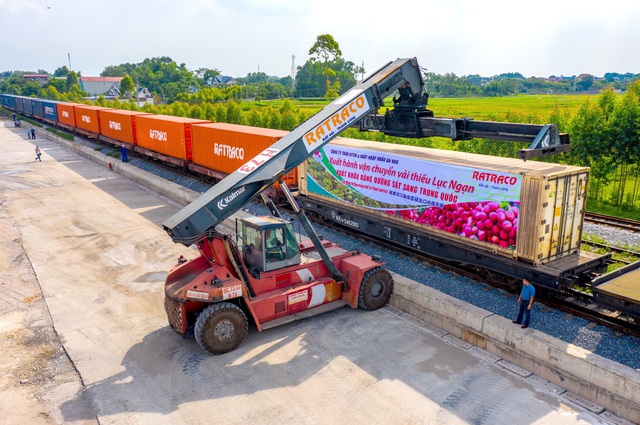 Đoàn tàu chở vải thiều Lục Ngạn xuất khẩu tại ga Kép (Bắc Giang)