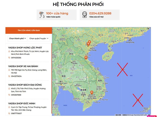 Nhiều người bức xúc khi phát hiện bản đồ trên hệ thống website của Yadea Việt Nam hiển thị sai tên quần đảo Hoàng Sa và Trường Sa