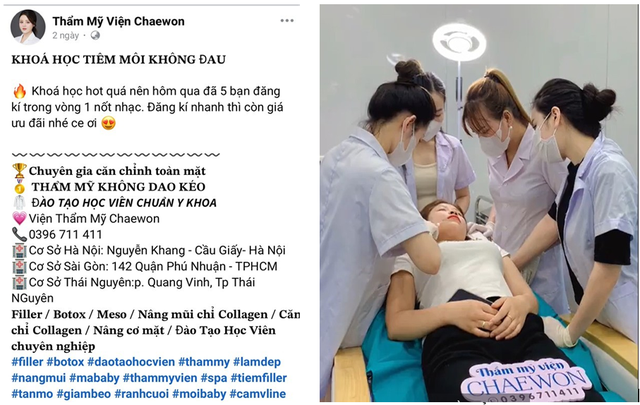 Hình ảnh, clip quảng cáo khóa đào tạo trên trang Facebook với tên “Thẩm Mỹ Viện Chaewon”