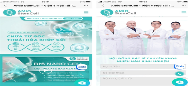 Quảng cáo trái phép của cơ sở Amino StemCell