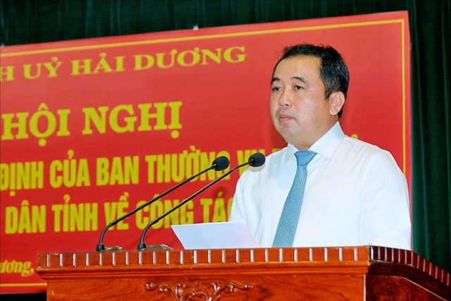 Ông Trần Đức Thắng, Bí thư Tỉnh ủy Hải Dương, phát biểu tại hội nghị