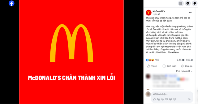 McDonald's Vietnam đăng bài xin lỗi sau khi bị kêu gọi tẩy chay vì PR phản cảm