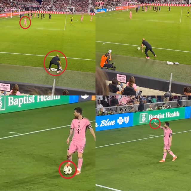 Hình ảnh Messi trả lại quả bóng cho người vệ sĩ riêng và yêu cầu quả bóng từ cậu bé nhặt bóng