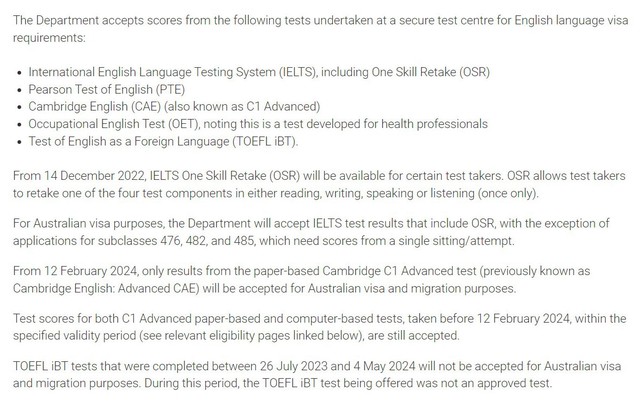 Thông báo mới của Bộ Nội vụ Úc về những chứng chỉ tiếng Anh được chấp nhận, cập nhật ngày 6.5