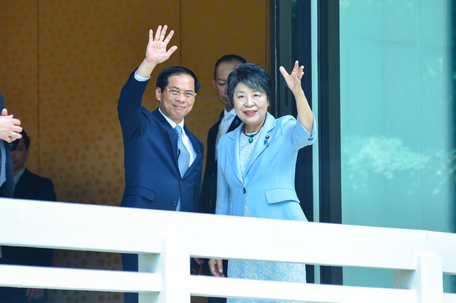 Bộ trưởng Bùi Thanh Sơn và Ngoại trưởng Nhật Bản cùng đi dạo, cho cá chép koi ăn- Ảnh 1.