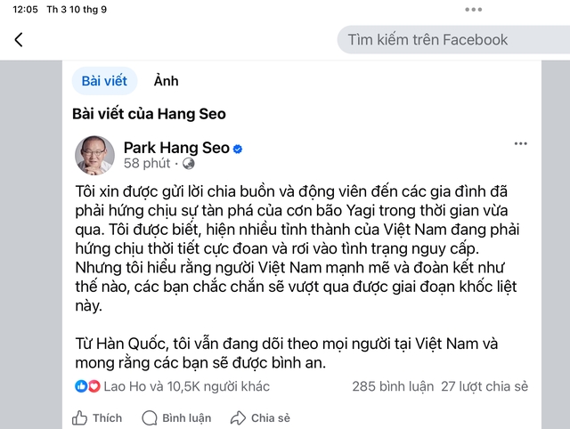 HLV Park Hang-seo chia sẻ sâu sắc với người dân Việt Nam vì phải hứng chịu bão Yagi- Ảnh 1.