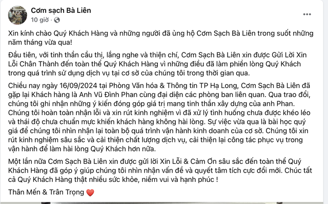 Quán Cơm Sạch Bà Liên ở Hạ Long xin lỗi khách hàng, hứa sẽ chấn chỉnh- Ảnh 1.