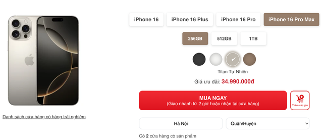 iPhone 16 Pro Max màu Titan Tự nhiên vẫn còn sẵn hàng tại nhiều hệ thống bán lẻ di động