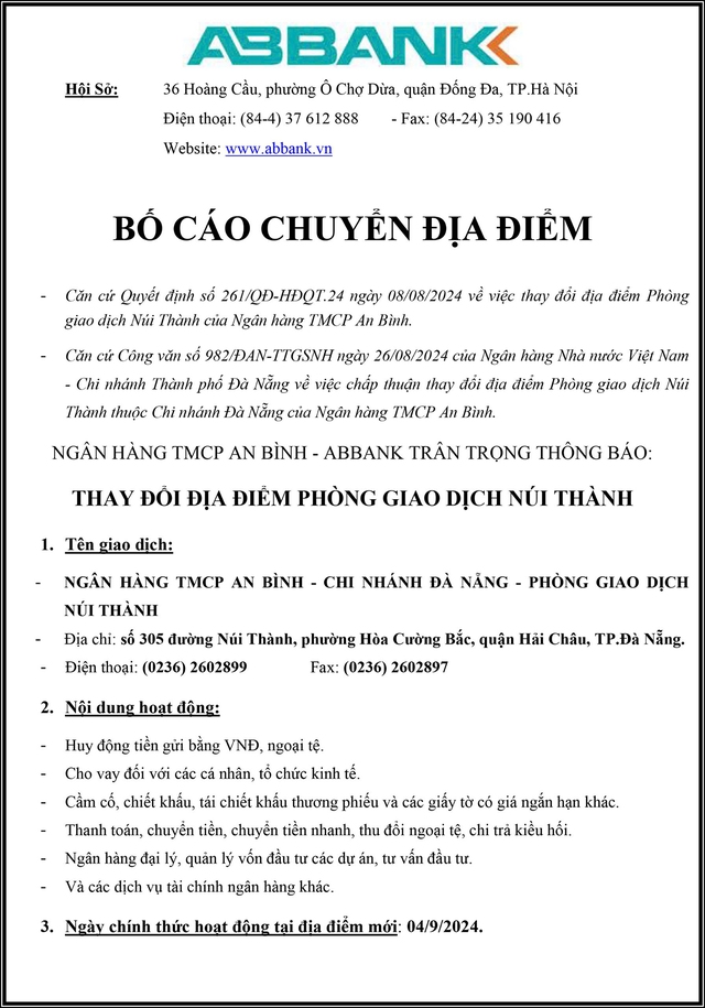 Ngân hàng TMCP An Bình thông báo thay đổi địa điểm phòng giao dịch Núi Thành- Ảnh 1.