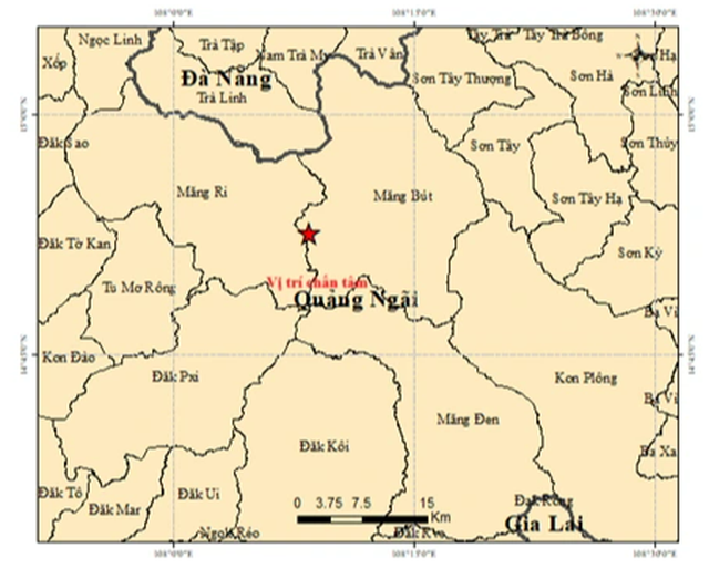 Trận động đất có cường độ lớn nhất ở Quảng Ngãi trong sáng 13.10 xảy ra lúc gần 2 giờ sáng, trên địa bàn xã Măng Bút. ẢNH: IES Trận động đất có cường độ lớn nhất ở Quảng Ngãi trong sáng 13.10 xảy ra lúc gần 2 giờ sáng, trên địa bàn xã Măng Bút. ẢNH: IES