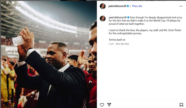 HLV Kluivert viết t&acirc;m thư đau l&ograve;ng v&igrave; bị Indonesia sa thải: 'T&ocirc;i v&ocirc; c&ugrave;ng thất vọng...'- Ảnh 1.