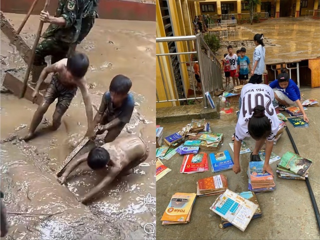 Học sinh dọn bùn non và nhặt sách vở sau lũ tại trường THCS Mỏ Vàng - Ảnh 1.