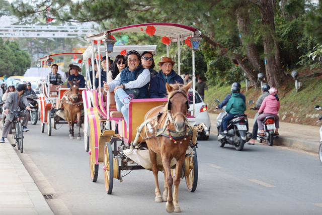 Khách Hàn ngắm hồ Xuân Hương bằng xe ngựa. ẢNH: LÂM VIÊN Khách Hàn ngắm hồ Xuân Hương bằng xe ngựa