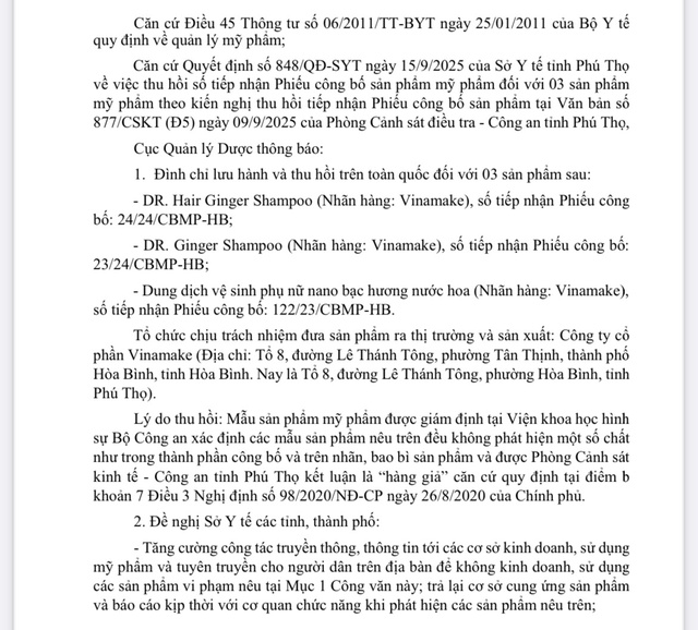 Thu hồi toàn quốc 3 mỹ phẩm hàng giả của Vinamake gây hoang mang cho người tiêu dùng - Ảnh 1. Thu hồi toàn quốc 3 mỹ phẩm hàng giả của Vinamake gây hoang mang cho người tiêu dùng - Ảnh 1.