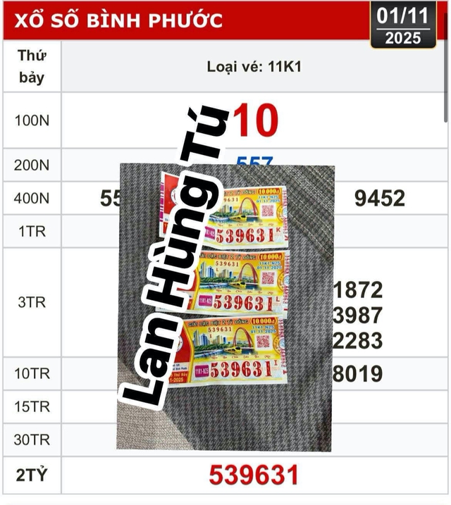 Giải độc đắc xổ số miền Nam ngày 1 tháng 11: Đại lý Tây Ninh đổi thưởng 3 tờ
- Ảnh 1. Giải độc đắc xổ số miền Nam ngày 1 tháng 11: Đại lý Tây Ninh đổi thưởng 3 tờ
- Ảnh 1.