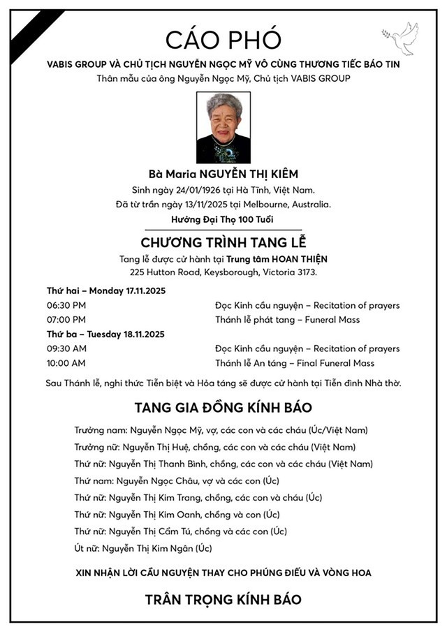 Vabis Group b&aacute;o tin buồn: Th&acirc;n mẫu Chủ tịch Nguyễn Ngọc Mỹ qua đời- Ảnh 1.