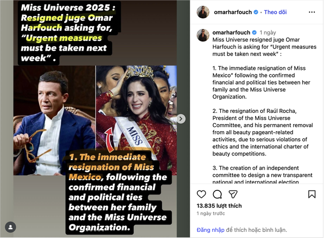 

Bài đăng phản đối Miss Universe của ông Omar Harfouch  