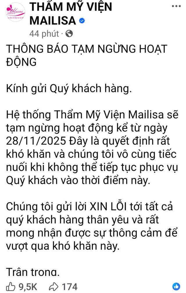 Vì sao hệ thống thẩm mỹ viện Mailisa thông báo tạm ngừng hoạt động từ ngày 28.11? - Ảnh 1.