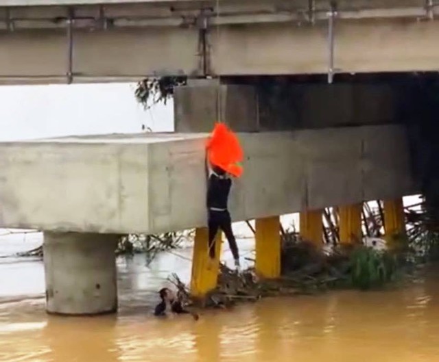 Khoảnh khắc 'người hùng' liều mình lao xuống dòng nước lũ cuồn cuộn cứu người đàn ông - Ảnh 2.