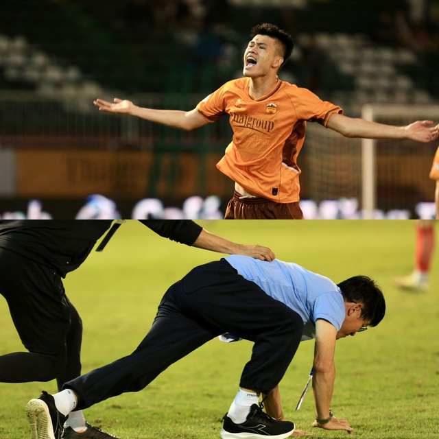 GĐKT Vũ Tiến Th&agrave;nh giải th&iacute;ch h&agrave;nh động b&ograve; dưới s&acirc;n g&acirc;y sốt, khi sao HAGL gỡ h&ograve;a nghẹt thở- Ảnh 1.