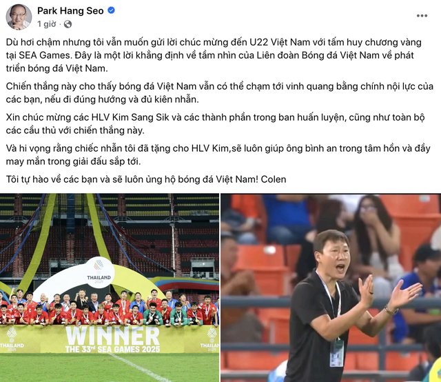 HLV Park Hang-seo tặng qu&agrave; qu&yacute; cho &ocirc;ng Kim Sang-sik, ch&uacute;c mừng U.22 Việt Nam v&ocirc; địch SEA Games 33- Ảnh 1.