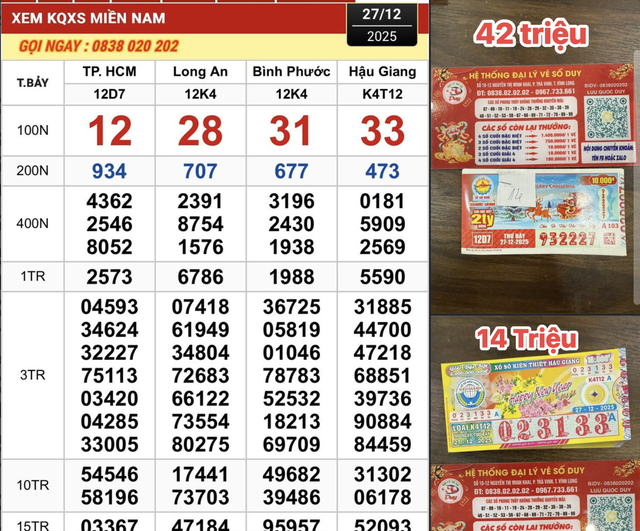 Xuất hiện v&eacute; tr&uacute;ng xổ số miền Nam ng&agrave;y 27 th&aacute;ng 12; d&atilde;y 333333 g&acirc;y sốt - Ảnh 1.