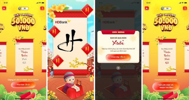 Trên hành trình du xuân ngắm mai đào nở trên app HDBank, khách hàng sẽ nhận được những lời chúc ý nghĩa từ Ông Đồ cùng cơ hội lãnh tiền thưởng "ting ting" ngay vào tài khoản