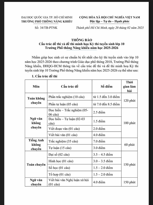 Trường Phổ thông Năng khiếu công bố cấu trúc và đề thi minh họa thi lớp 10 - Ảnh 3.