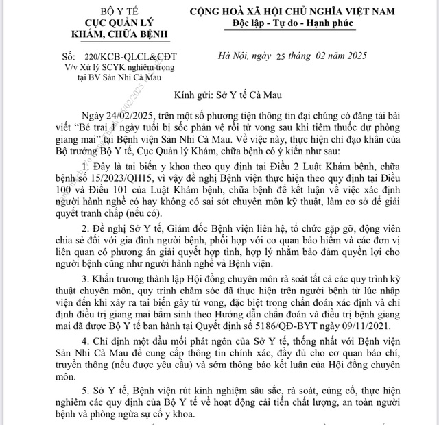 Bé trai ở Cà mau tử vong sau tiêm, Bộ Y tế chỉ đạo khẩn     - Ảnh 1.