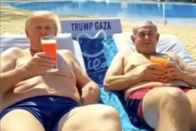 Ph&aacute;t sốt đoạn phim &ocirc;ng Trump, &ocirc;ng Netanyahu nh&acirc;m nhi cocktail ở b&atilde;i biển Gaza - Ảnh 1.