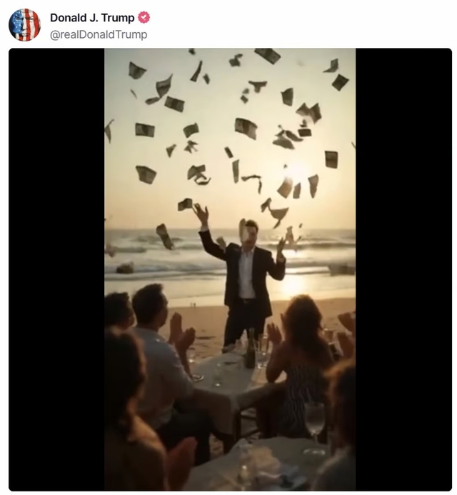 Ph&aacute;t sốt đoạn phim &ocirc;ng Trump, &ocirc;ng Netanyahu nh&acirc;m nhi cocktail ở b&atilde;i biển Gaza - Ảnh 2.