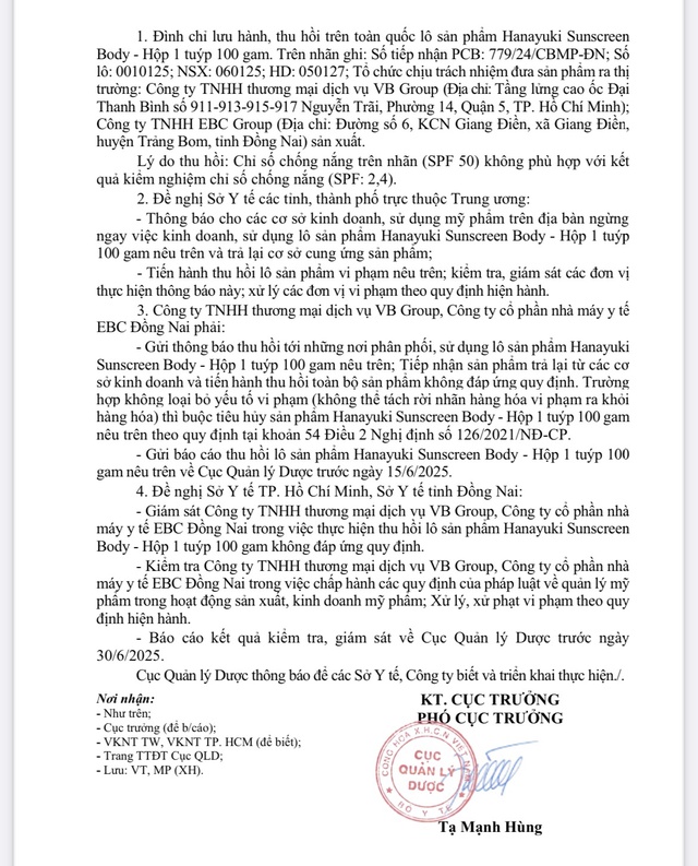 Thu hồi mỹ phẩm Hanayuki Sunscreen Body v&igrave; vi phạm chỉ số chống nắng - Ảnh 1.