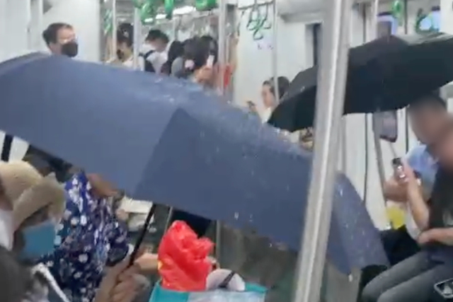 Khách đi tàu metro Cát Linh - Hà Đông phải che ô vì dột nước- Ảnh 1.