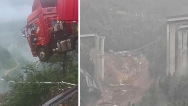 Sập cầu tại Trung Quốc, xe container nằm vắt vẻo ngay mép cầu- Ảnh 2.