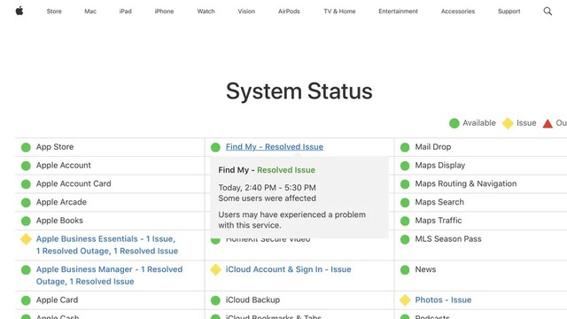 Hàng loạt dịch vụ của Apple ngừng hoạt động trên diện rộng Hàng loạt dịch vụ của Apple ngừng hoạt động trên diện rộng