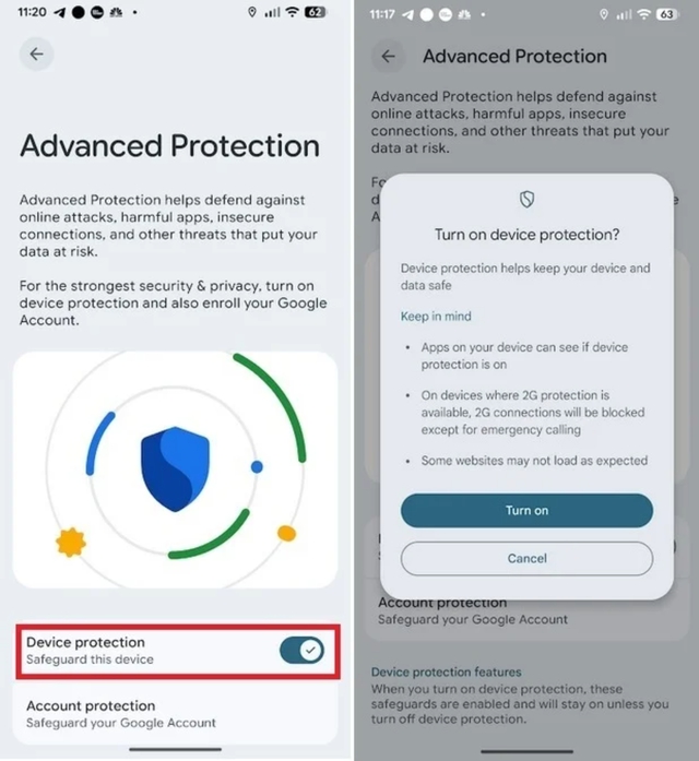 

Người dùng có thể vô hiệu hóa 2G trên điện thoại Android thông qua cài đặt Advanced Protection  