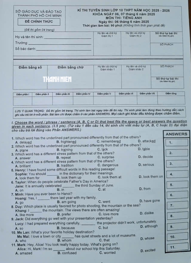 Thi lớp 10 TP.HCM: Gợi &yacute; giải đề thi m&ocirc;n tiếng Anh - Ảnh 1.