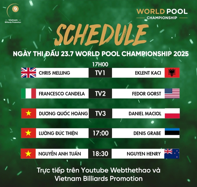 Lịch thi đấu billiards pool ngày 23.7: Hoàng Sao, Tkon thẳng tiến vòng knock-out? Lịch thi đấu billiards pool ngày 23.7: Hoàng Sao, Tkon thẳng tiến vòng knock-out?