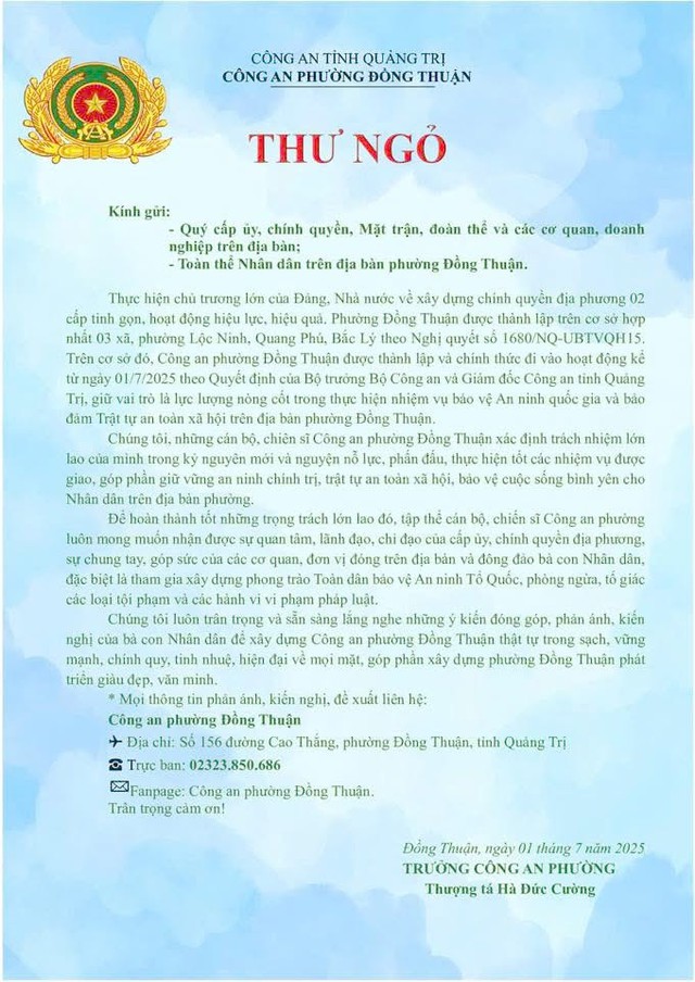 Công an phường, xã ở tỉnh Quảng Trị mới đồng loạt gửi 'thư ngỏ' tới nhân dân - Ảnh 3.