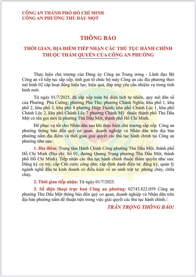 Công an phường Thủ Dầu Một tiếp nhận thủ tục hành chính ở đâu? Công an phường Thủ Dầu Một tiếp nhận thủ tục hành chính ở đâu?