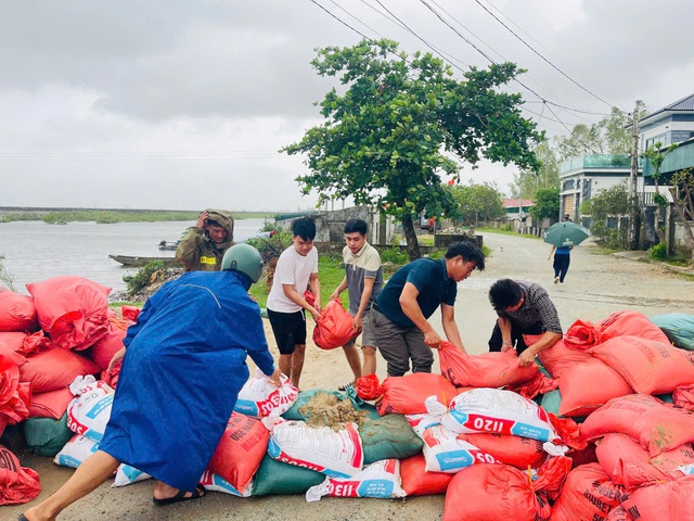 Bão số 10: Đê biển bị sạt lở, hàng trăm người dầm mưa gia cố - Ảnh 8.