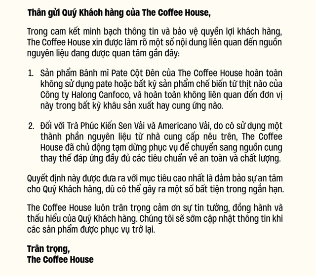 Vụ C&ocirc;ng ty Đồ hộp Hạ Long: The Coffee House ra th&ocirc;ng b&aacute;o mới- Ảnh 1.