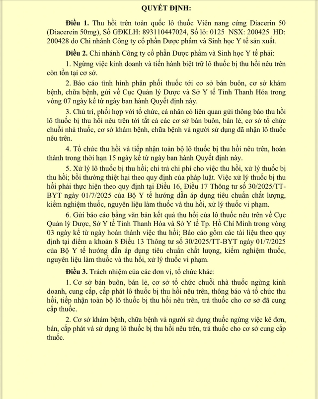 Thu hồi toàn quốc lô thuốc viên nang cứng Diacerin 50 do vi phạm chất lượng- Ảnh 1. Thu hồi toàn quốc lô thuốc viên nang cứng Diacerin 50 do vi phạm chất lượng- Ảnh 1.