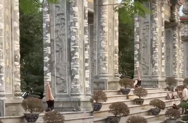 Người phụ nữ 'mặc ngắn cũn cỡn' tạo dáng yoga trước chùa Linh Ứng gây bức xúc- Ảnh 1. Người phụ nữ 'mặc ngắn cũn cỡn' tạo dáng yoga trước chùa Linh Ứng gây bức xúc- Ảnh 1.