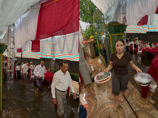Đám hỏi giữa mưa ngập, khách mời xắn quần dự tiệc chúc phúc cô dâu, chú rể - Ảnh 2.