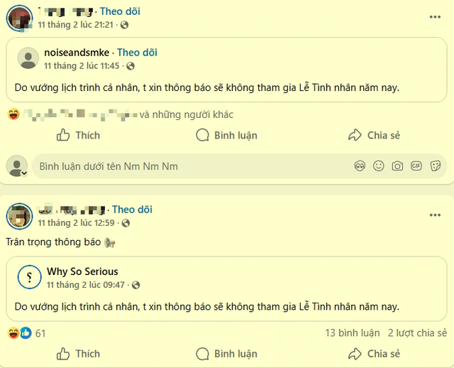 'Do vướng lịch tr&igrave;nh c&aacute; nh&acirc;n, xin th&ocirc;ng b&aacute;o sẽ kh&ocirc;ng tham gia Valentine năm nay' - Ảnh 2.