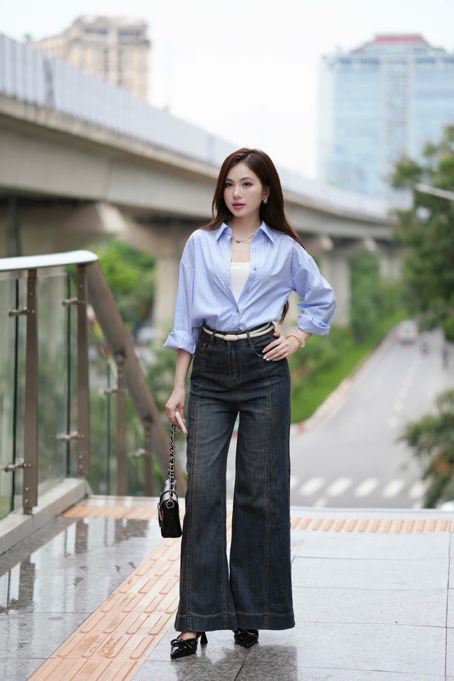 Phong cách trang nhã với áo sơ mi xanh pastel- Ảnh 1.