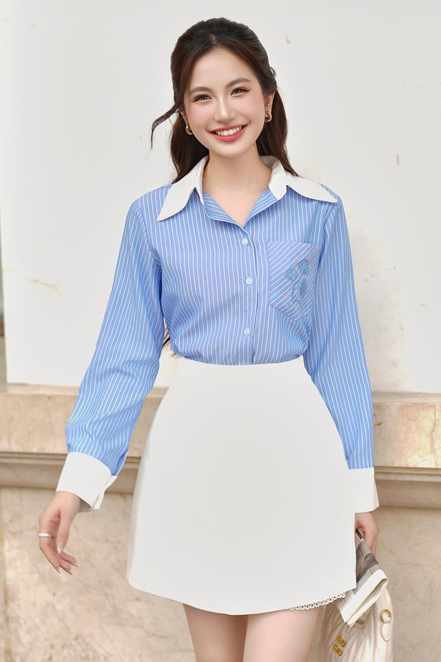 Phong cách trang nhã với áo sơ mi xanh pastel- Ảnh 4.