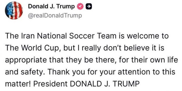 &Ocirc;ng Trump &lsquo;quay xe&rsquo;, cảnh b&aacute;o đội tuyển Iran kh&ocirc;ng n&ecirc;n dự World Cup 2026 v&igrave; lo ngại kh&ocirc;ng an to&agrave;n- Ảnh 1.